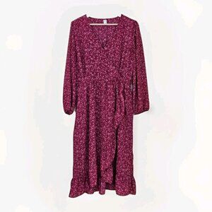 Old Navy Faux Wrap Dress Women L Wine LS Midi Lined Ruffles Dainty Floral Boho